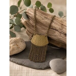 Boho Fringe Pendant Necklace Geometric Etched Antique Brass Tone Statement Jewl